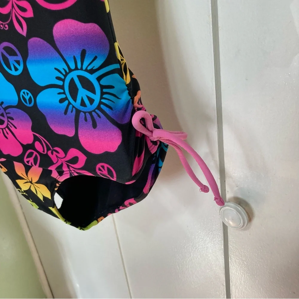 SO One Piece Peace and Flower Power Swimsuit Girls Size 10